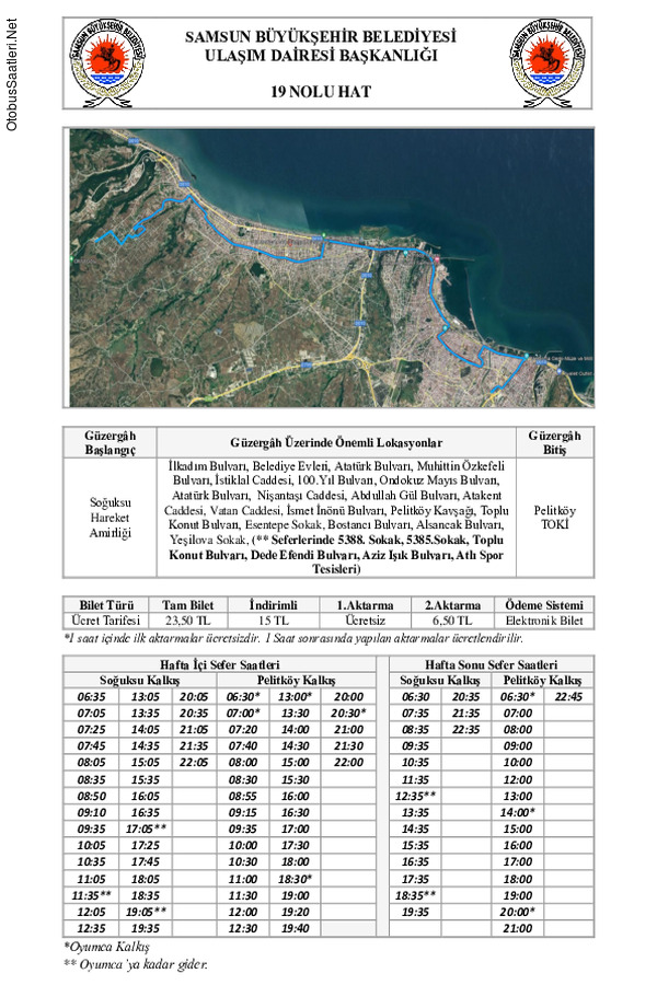19 Samsun Otobüs Saatleri